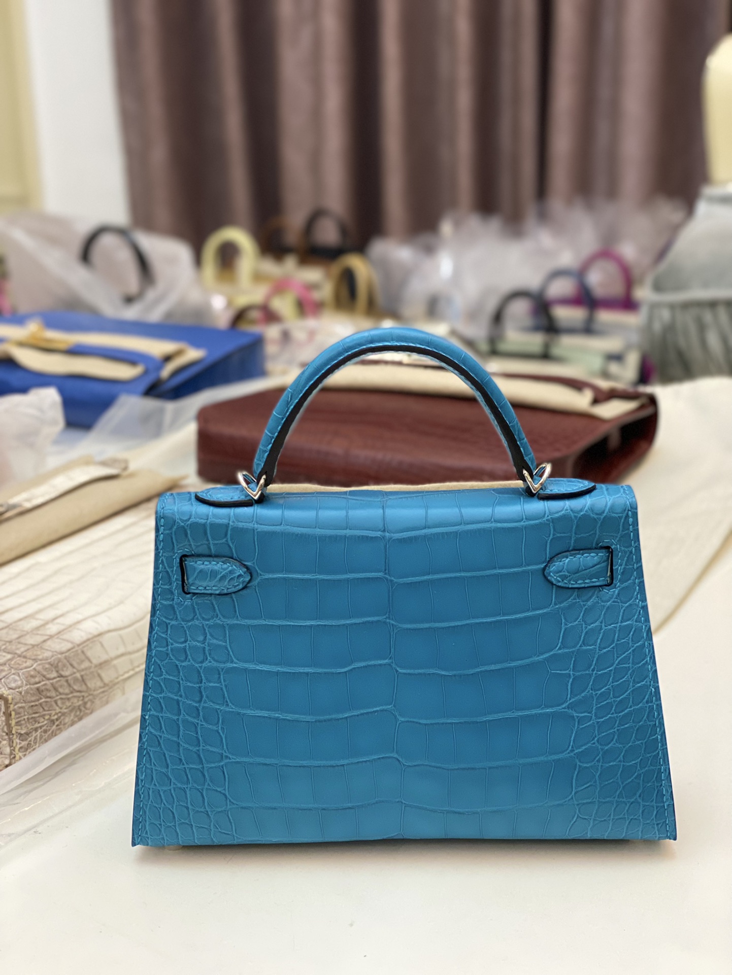 Hermes Kelly Mini II Bag 19CM In Blue Azteque Matte Alligator Leather